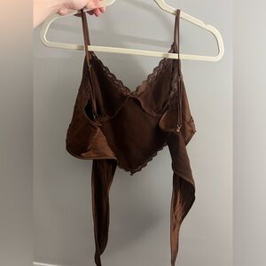 Brown satin lace trim top from Forever 21. Ties in the back.